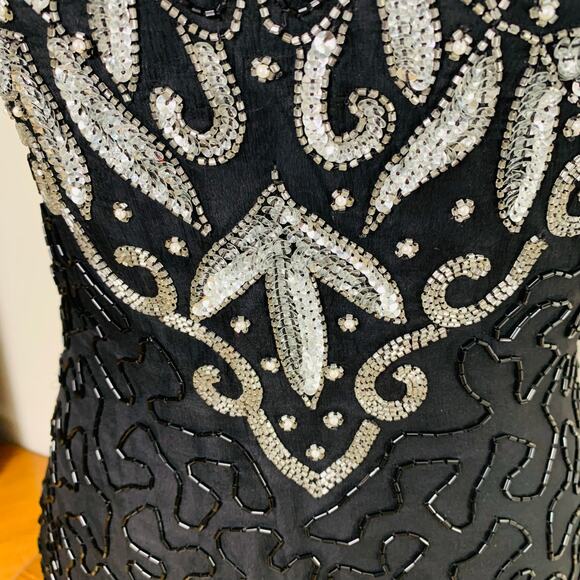 Vtg Laurence Kazar XL Dress 100% Silk Heavily Sequined Beaded Cut Out Back Black - Picture 6 of 14